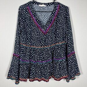 Savanna Jane L Blouse Embroidered Polka Dot Bell Sleeve V-Neck Peplum Top!